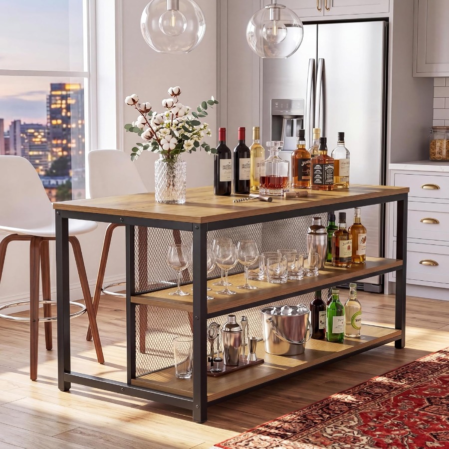 Home Bar Shelves - 63인치 바 테이블, 수납 선반과 의자가